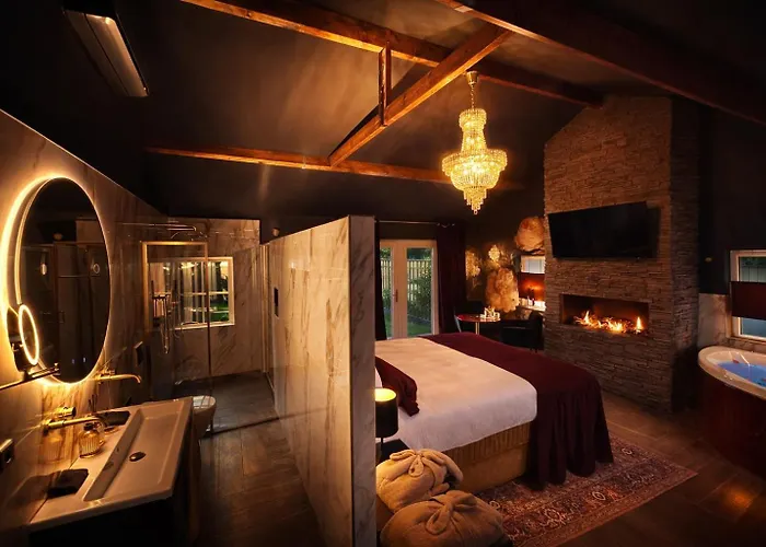 Wellness Tuin - Boudoir - Ultieme Partner Beleving - Indoor Jacuzzi En Openhaard En Prive Sauna - In Romantische Stijl - Gratis Fles Prosecco & Leuke Partner Connect Box !