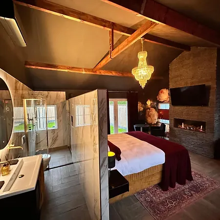 Wellness Tuin - Boudoir - Ultieme Partner Beleving - Indoor Jacuzzi En Openhaard En Prive Sauna - In Romantische Stijl - Gratis Fles Prosecco & Leuke Partner Connect Box ! *